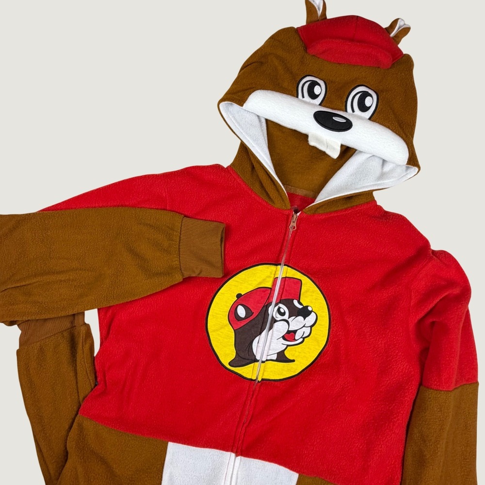 Buc-ee's Beaver Mascot Fleece Union Suit Pajamas Red Brown S/M RN166573